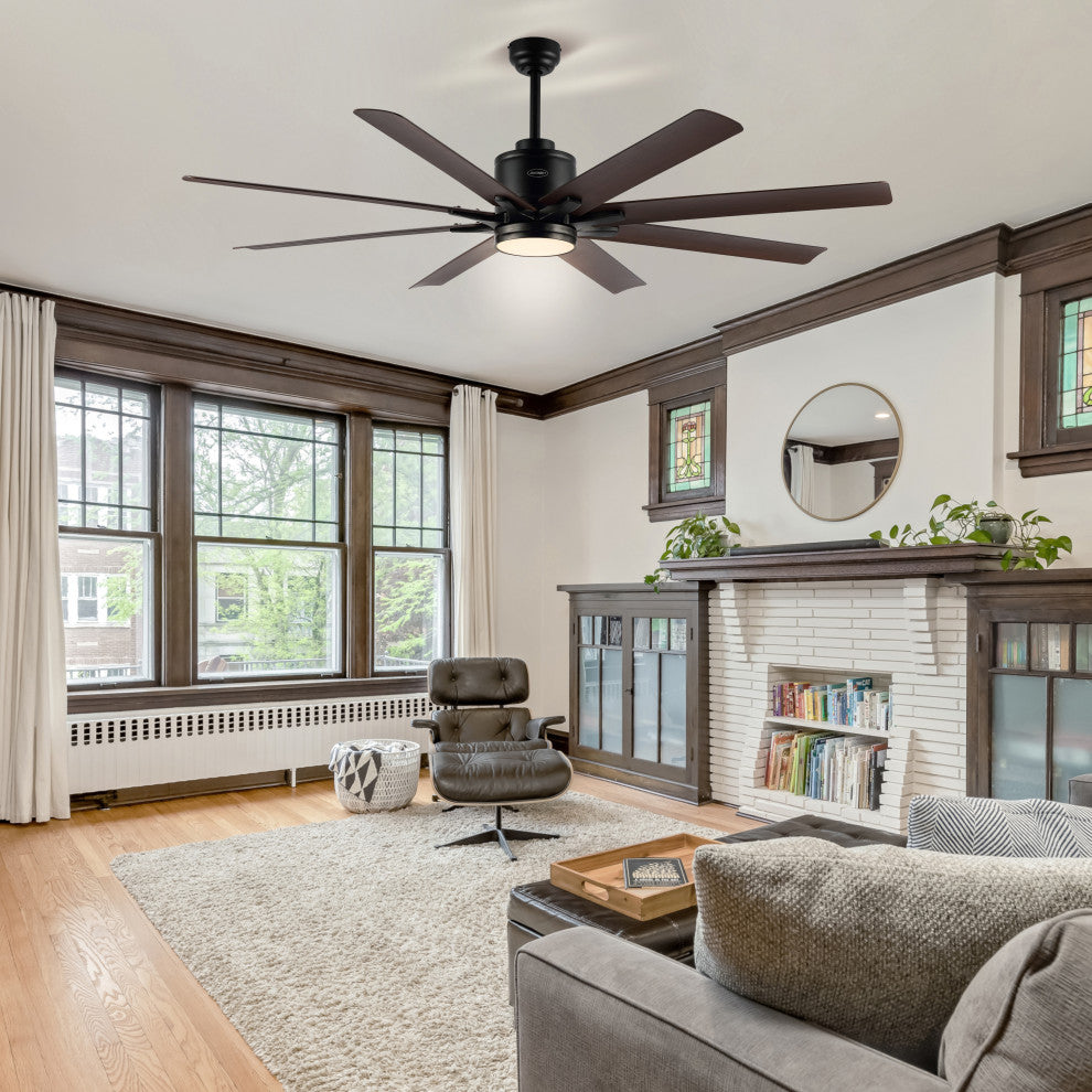 Octo 66" Industrial Iron 6 Speed Ceiling Fan, LED, App/Remote, Black/Brown Wood"