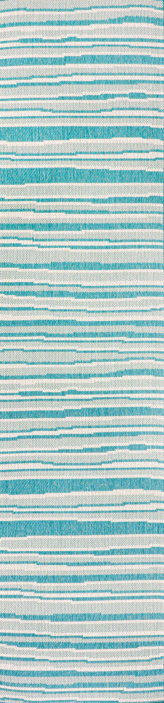 Castara Wavy Stripe Modern Indoor/Outdoor Area Rug, Aqua/Cream, 2x8