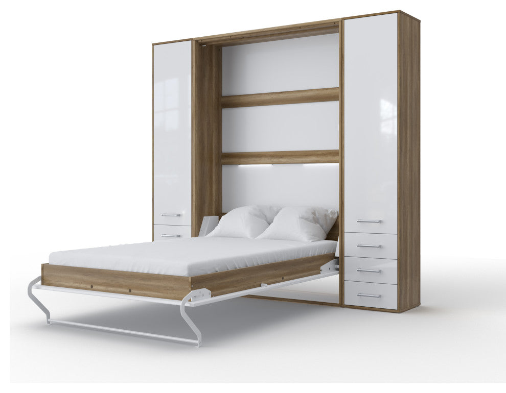 INVENTO Vertical Wall Bed With 2 Cabinets, Oak Country/White, With Mattress 63 X 78.7 Inch