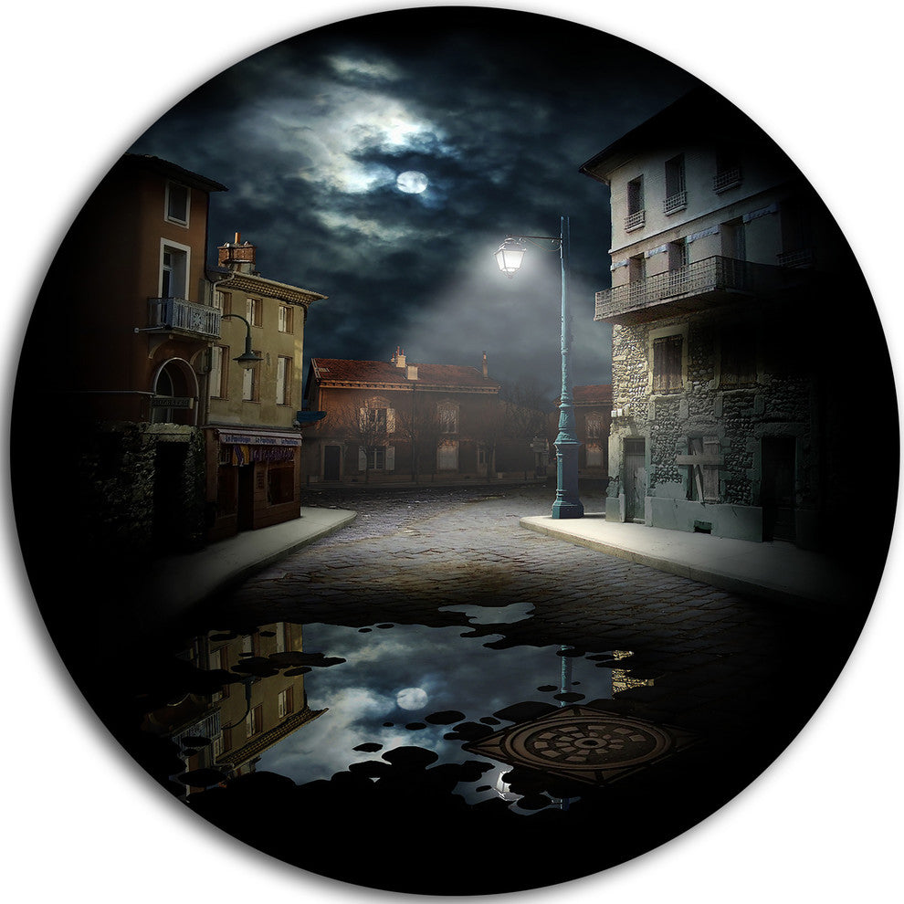 Night Street Collage, Landscape Art Round Metal Wall Art, 36"