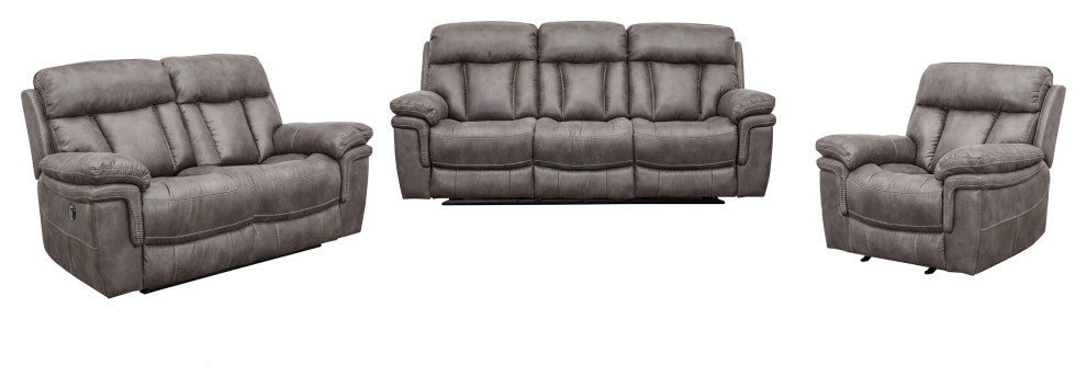 Estelle Power Reclining 3 Piece Living room Set, Gunmetal Fabric