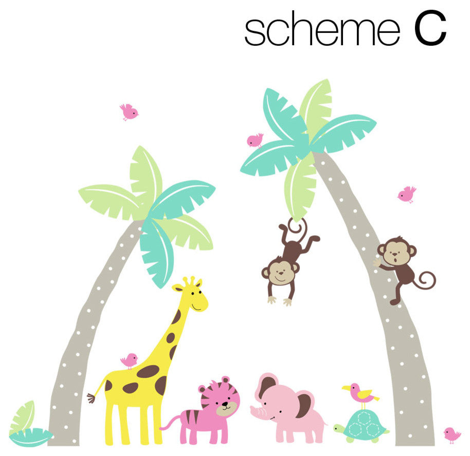Palm Trees with Cute Jungle Animals Wall Decal, Scheme C