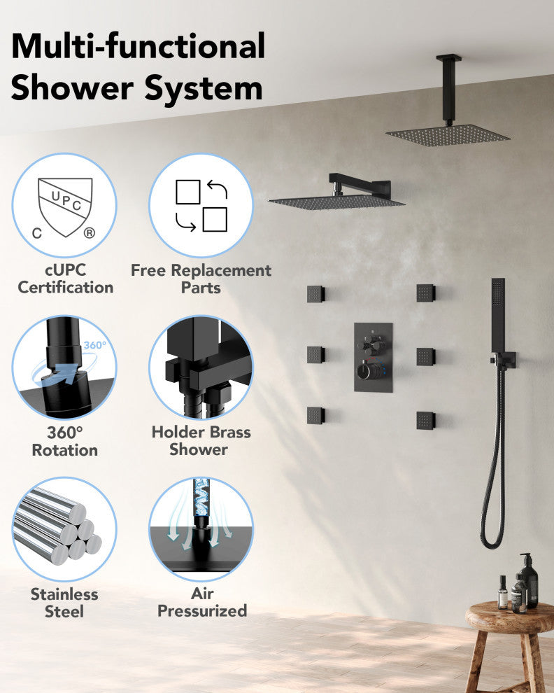 Thermostatic Shower System 12" Dual Shower Heads with Body Jet, Matte Black