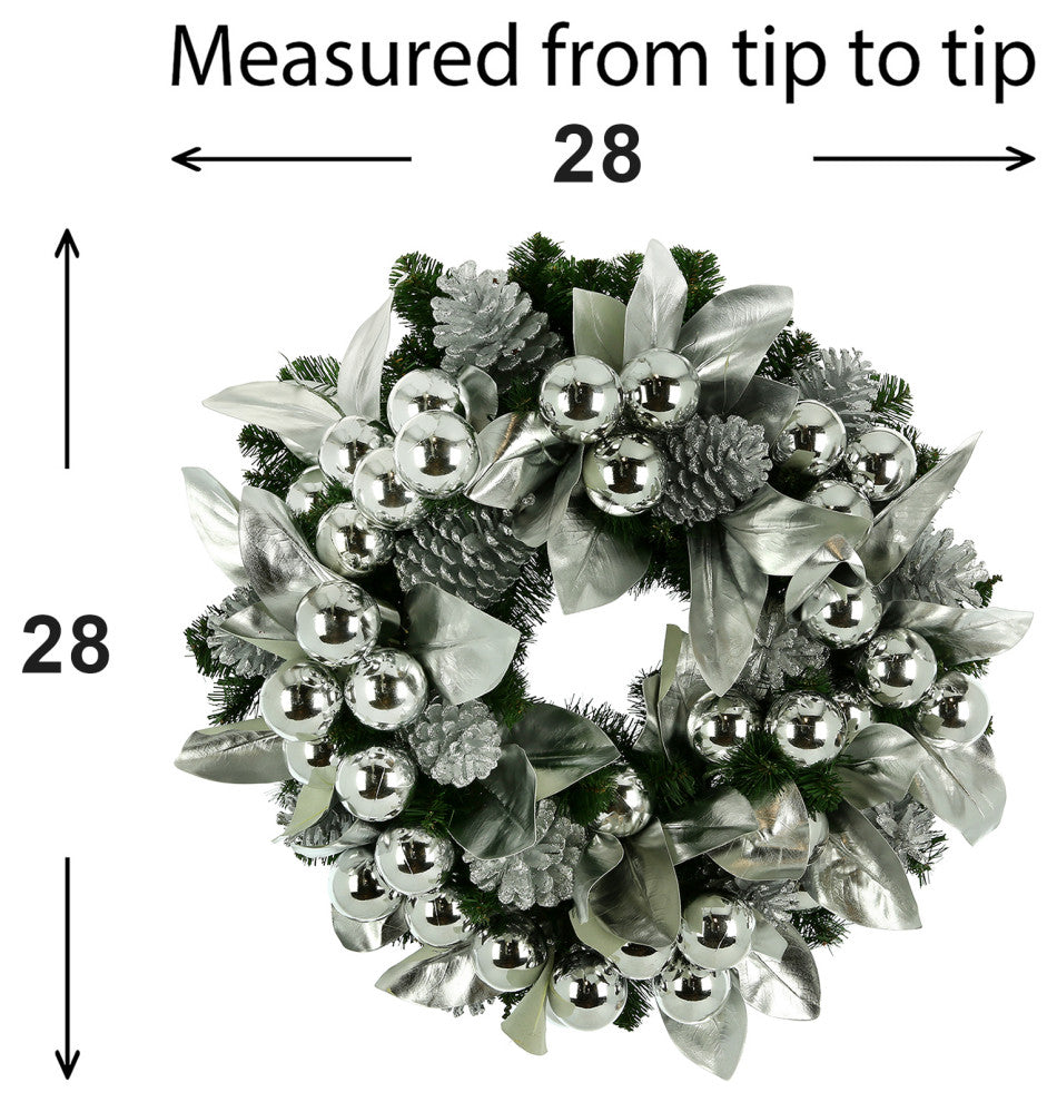 28" Holiday Wreath with Shiny Leaves, Ornaments and Pinecones
