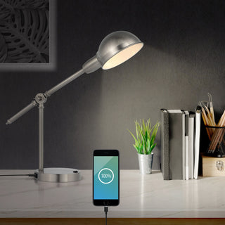 20.25" Iron Adjustable Dome Shade LED Task Lamp With USB Charging Port, Nickel