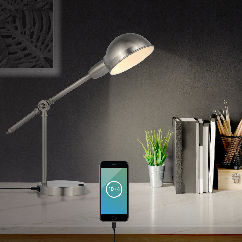 20.25" Iron Adjustable Dome Shade LED Task Lamp With USB Charging Port, Nickel