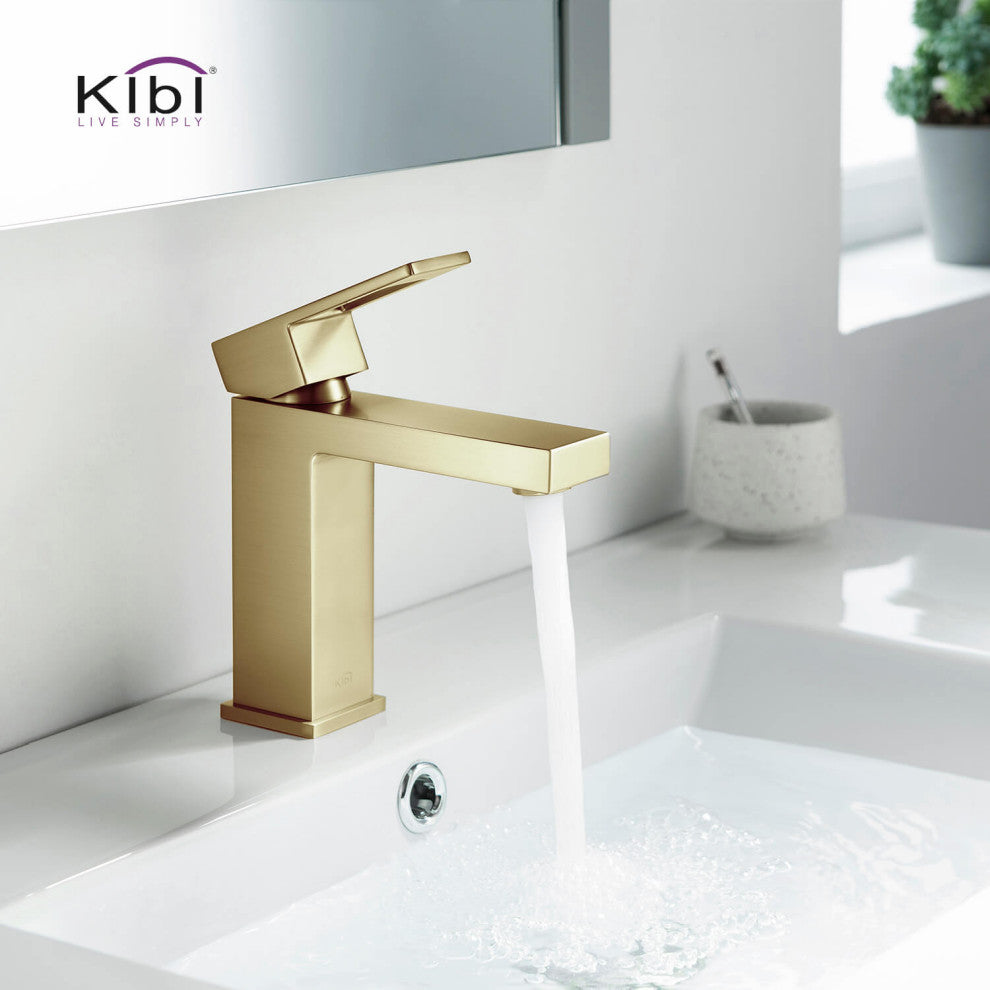 Cubic Single Hole Bathroom Faucet KBF1002, Brush Gold, W/ Drain