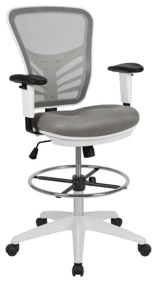 Mesh Drafting Chair With Adjustable Foot Ring and Arms, Light Gray Mesh/White Fr