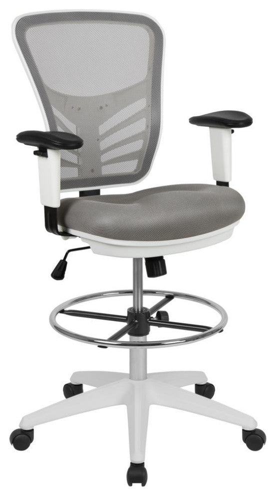 Mesh Drafting Chair With Adjustable Foot Ring and Arms, Light Gray Mesh/White Fr