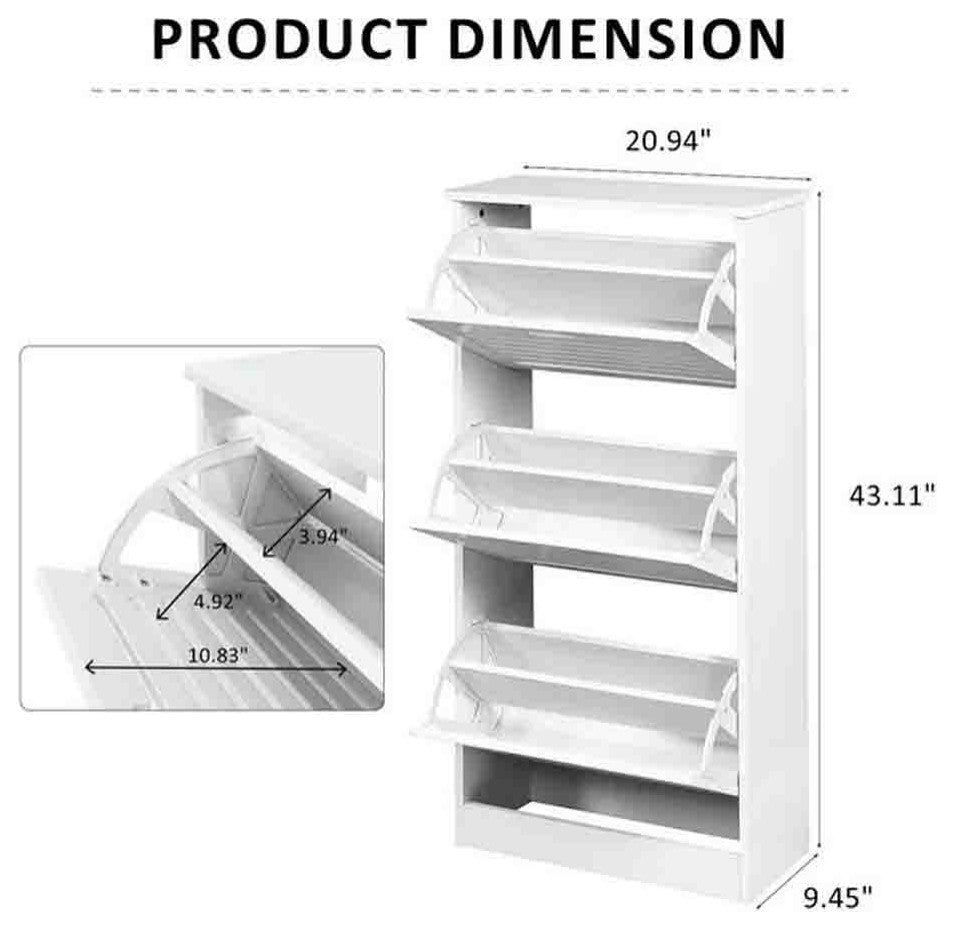 TATEUS Narrow Shoe Storage Cabinet Organizer with 3 Flip Drawers,White