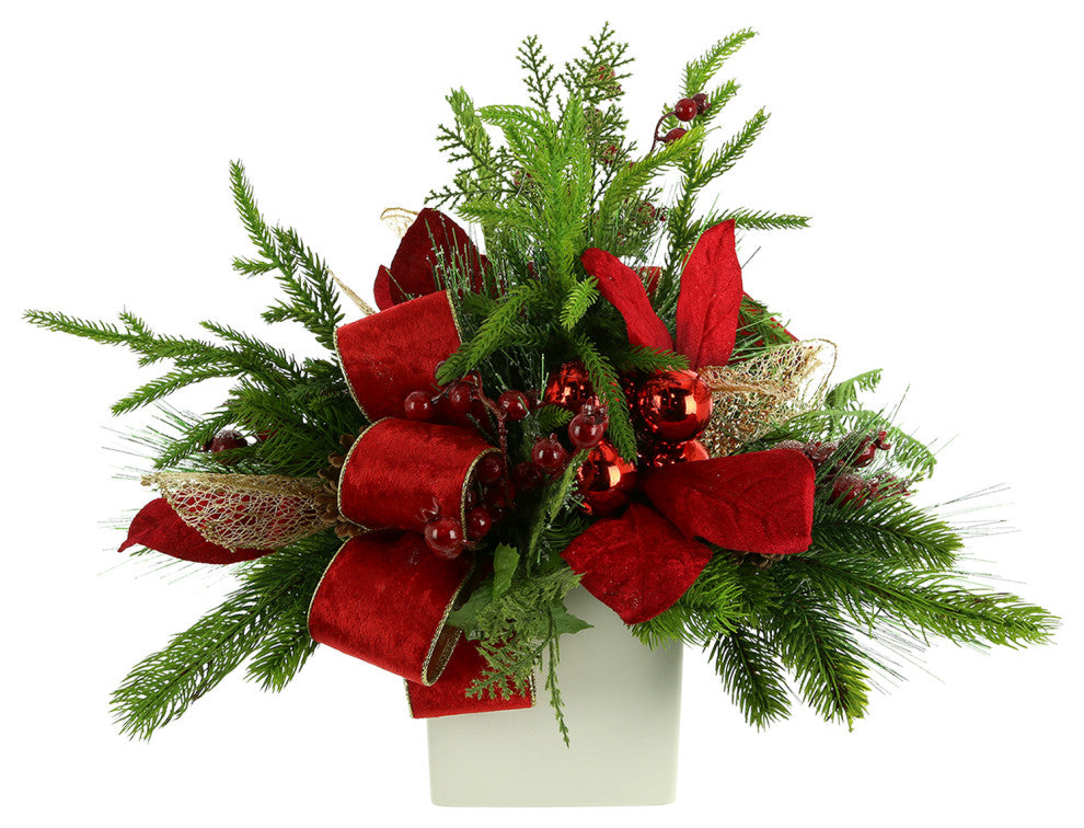 Evergreen Holiday Arrangement with Ornaments and Bows