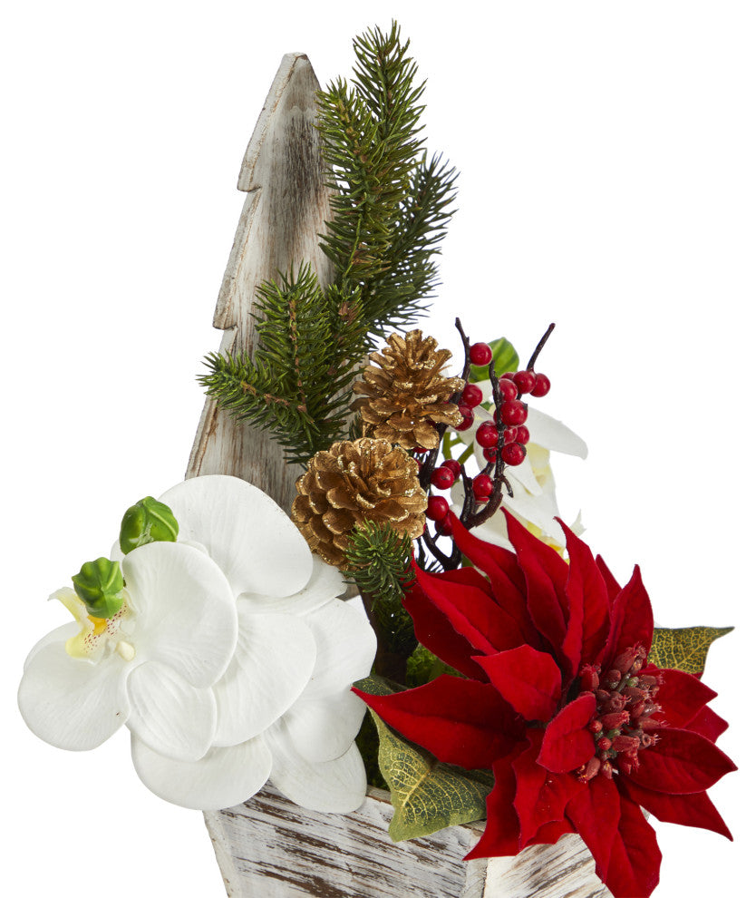 15" Poinsettia and Orchid Artificial Arrangement, Christmas Tree Vase