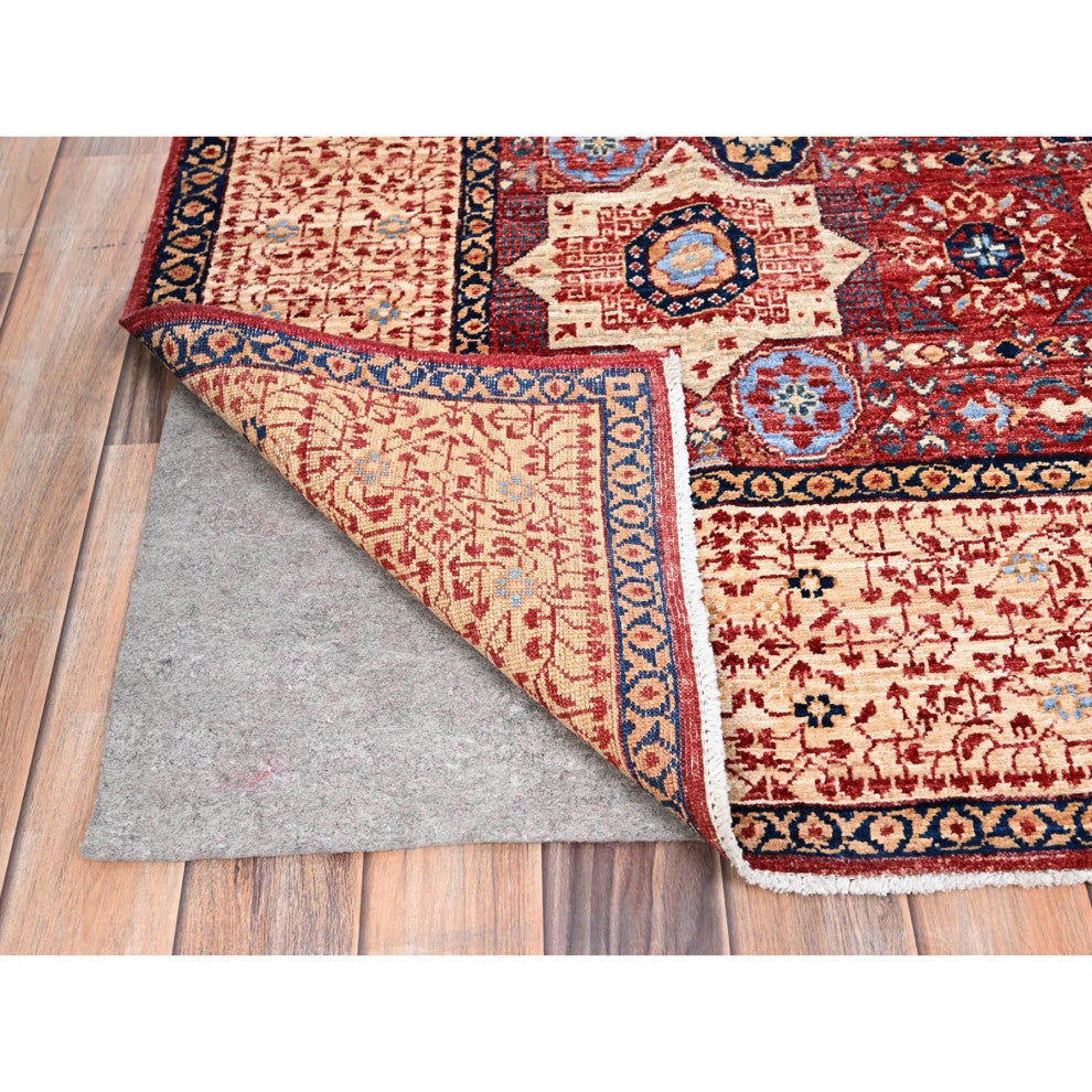 Vermilion Red Hand Knotted Mamluk Design 200 KPSI Natural Wool Rug 5'9"x9'7"