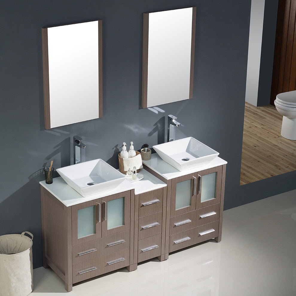 Torino 60" Gray Oak Modern Double Sink Bathroom Vanity, Faucet FFT9152BN