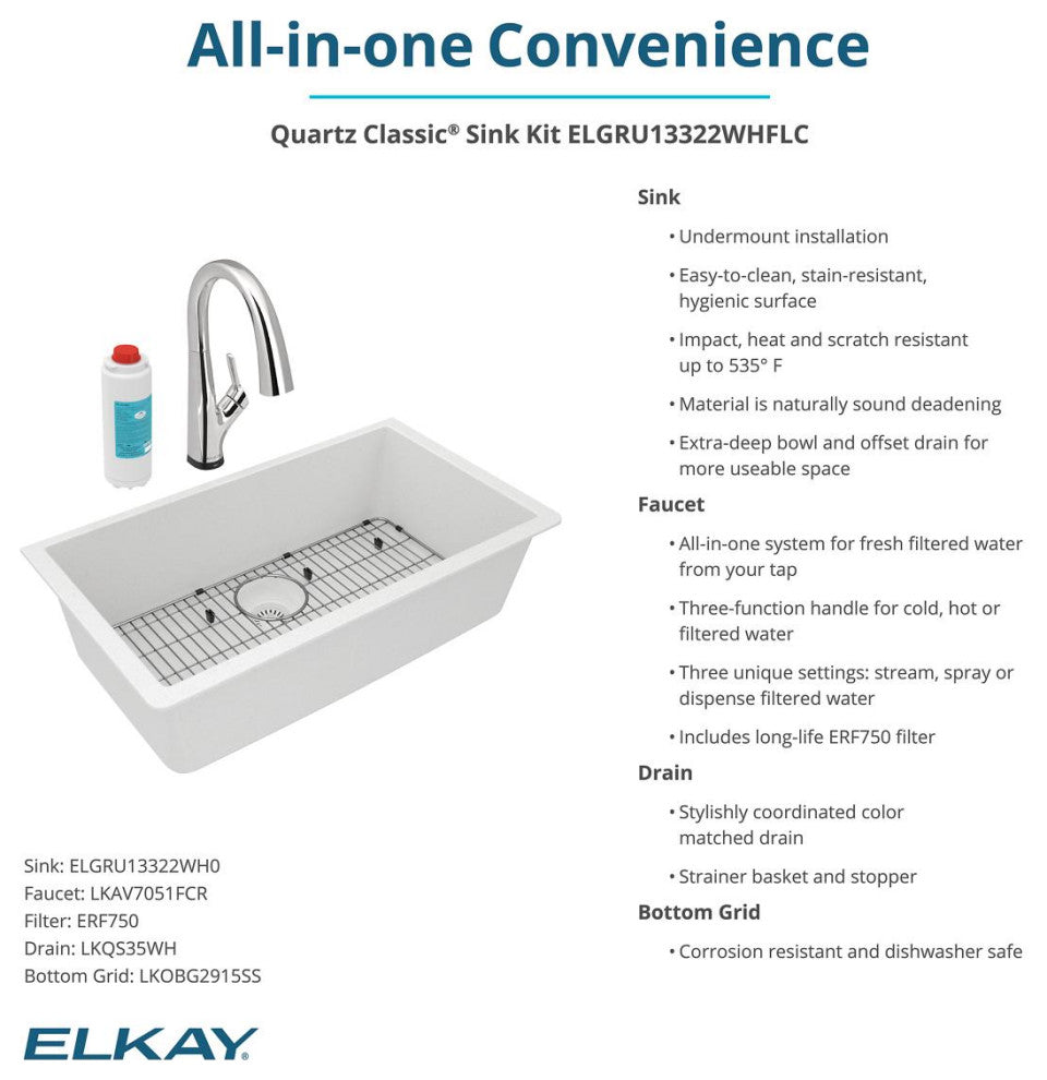 Quartz Classic 33" Single Bowl Undermount Sink Kit With Filtered Faucet, White