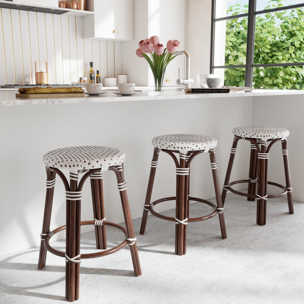 Tobias Brown and White Rattan Counter Stool