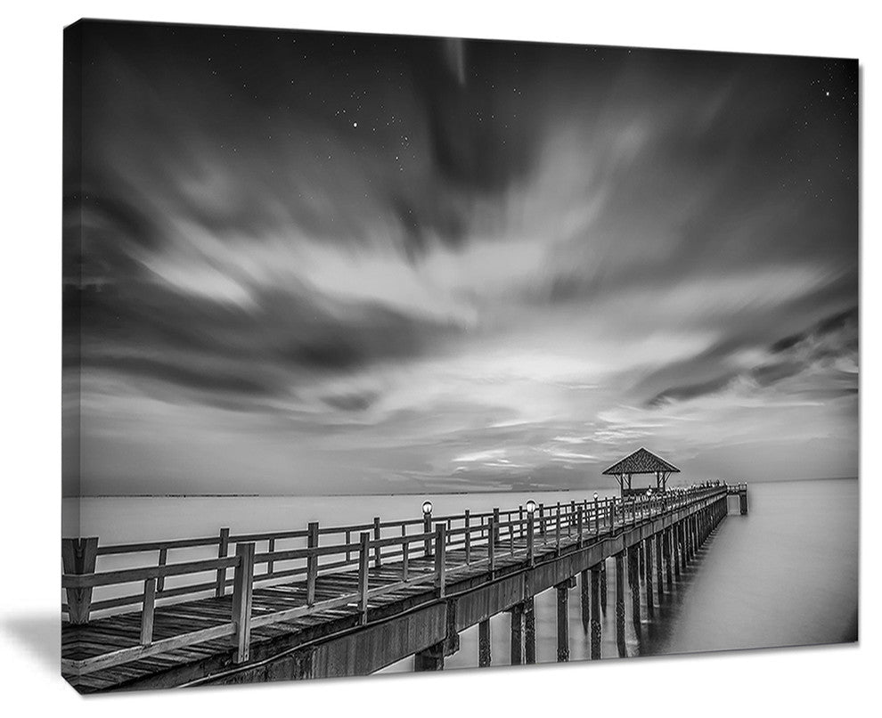 "Black And White Wooden Bridge And Sky" Sea Pier Wall Art, 40"x30"