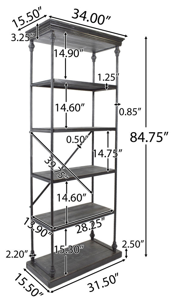 Alma Industrial 5 Shelf Firwood Bookcase, Pewter, Gray
