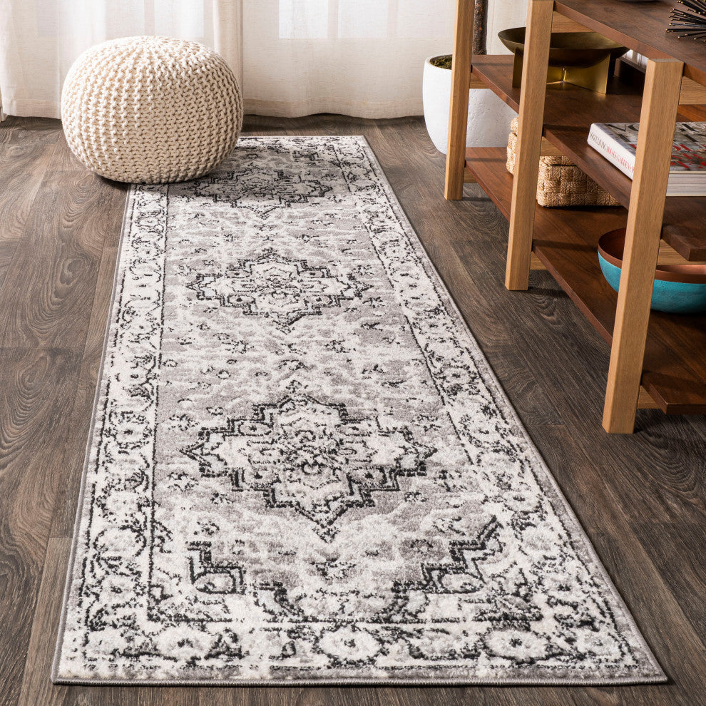 Denia Ornate Geometric Medallion Area Rug, Dark Gray, 2 X 8