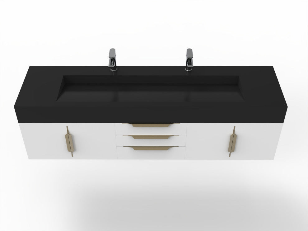CastelloUSA Nile 72" Wall Mounted Bathroom Vanity Set, White, Black Top, Gold Handles
