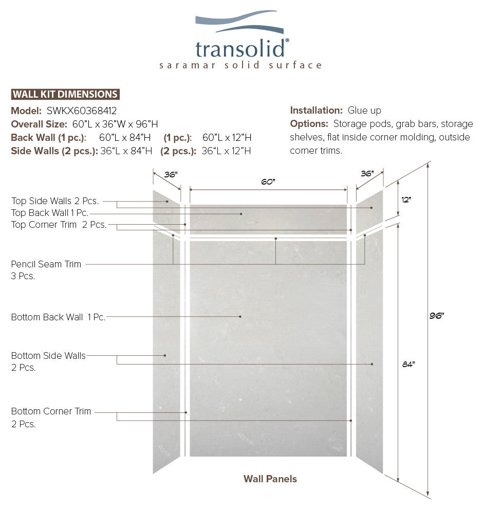 Transolid SaraMar 60"x36"x96" 6-Piece Shower Wall Kit, Lunar Velvet