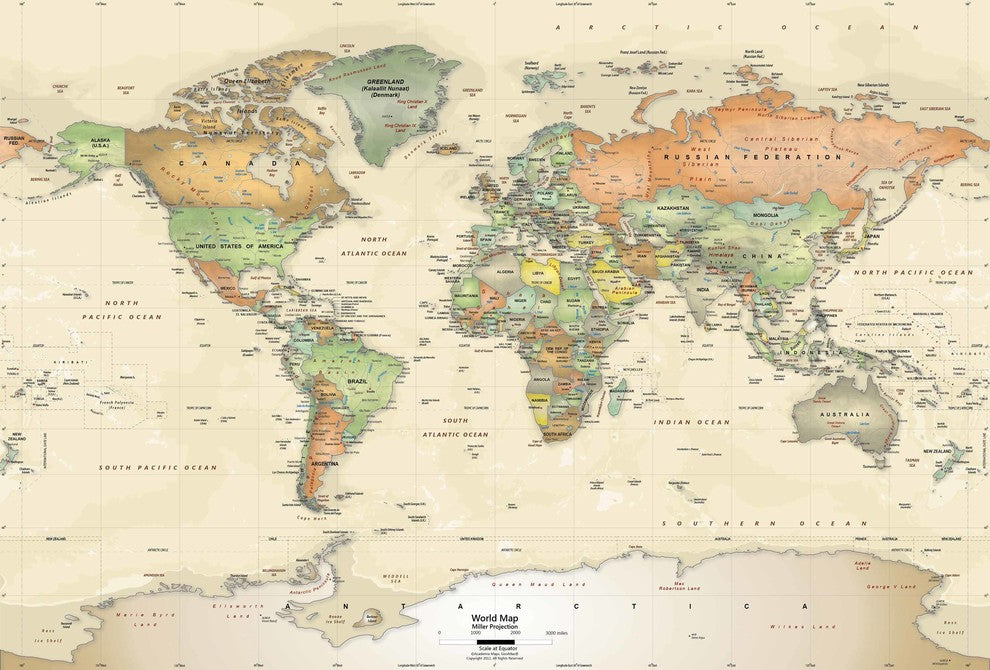 World Political Map Wall Decal, Antique Oceans -53"x36"