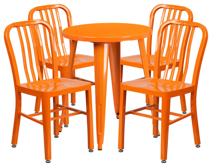 24" Round Orange Metal Indoor-Outdoor Table Set with 4 Vertical Slat Back Chairs