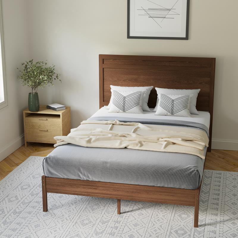 Kingston Solid Wood Platform Bed with Wooden Slats and Headboard, Brown, Full