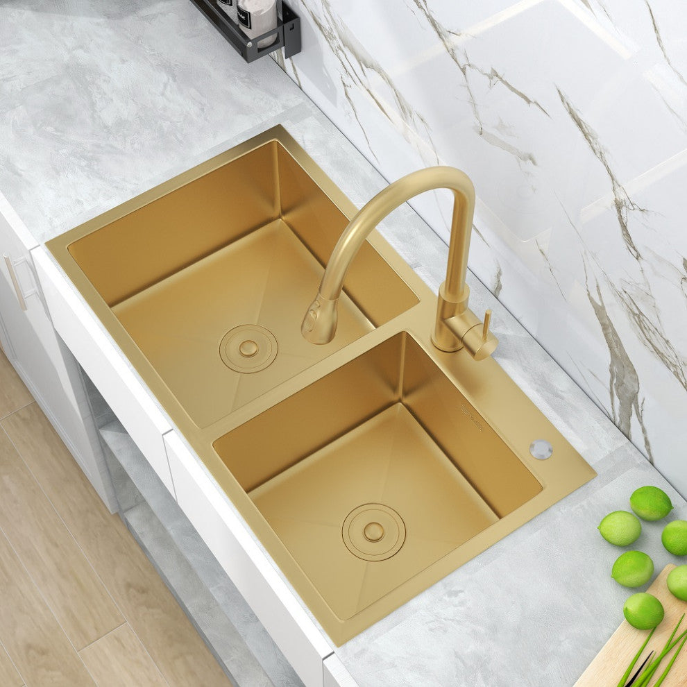 Stainless Steel Kitchen Sink Double Bowls Drop-In Sink with Drain and Overflow, Gold
