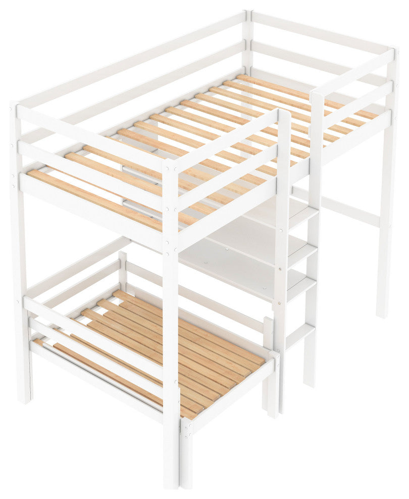 Gewnee Wood Convertible Twin Loft Bed with L-Shape Desk in White