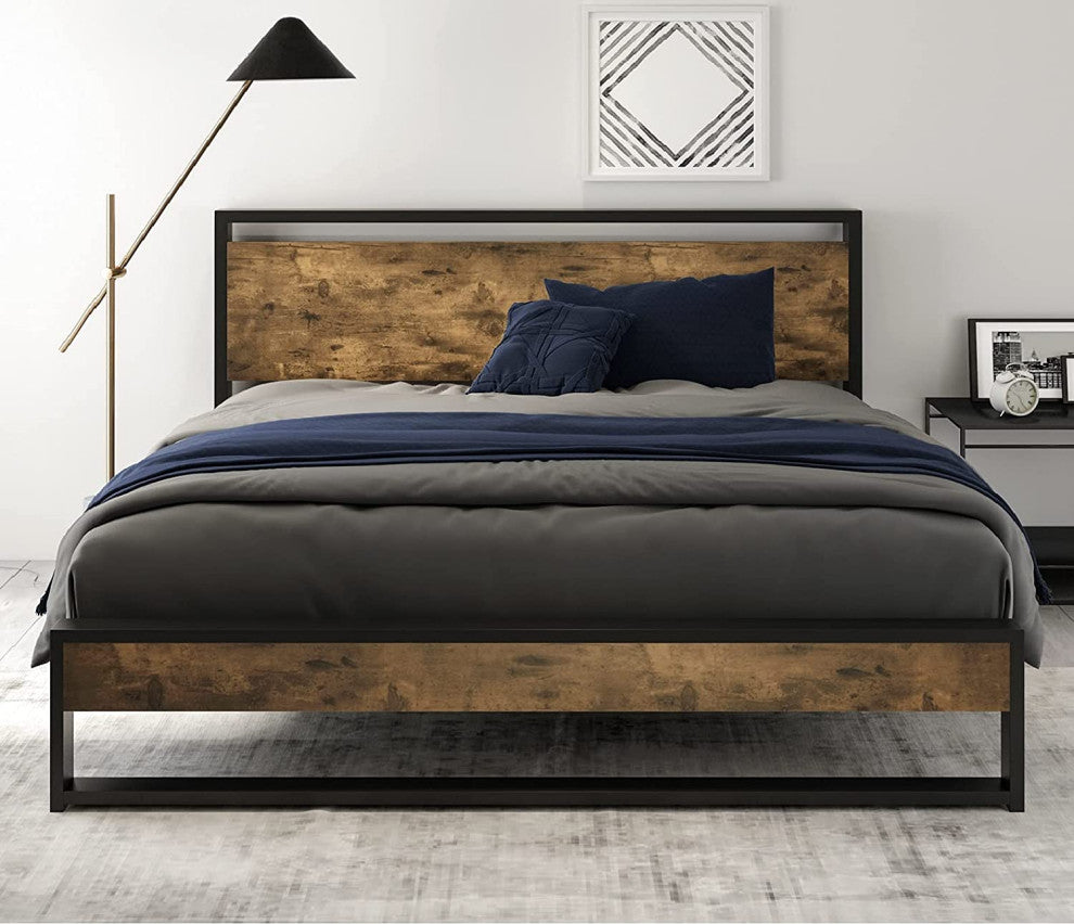 Queen Size Bed Frame with Industrial Wooden Headboard