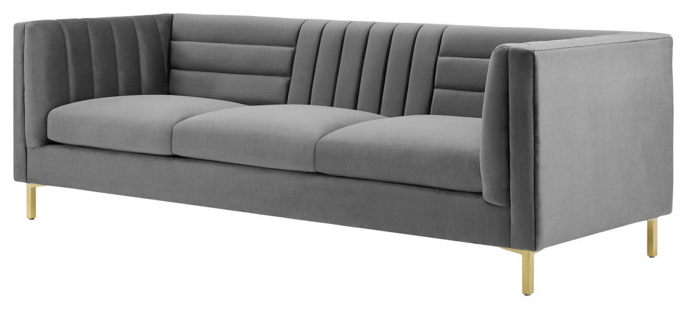Modern Designer Lounge Lobby Sofa, Velvet Fabric Metal Steel, Grey Gray