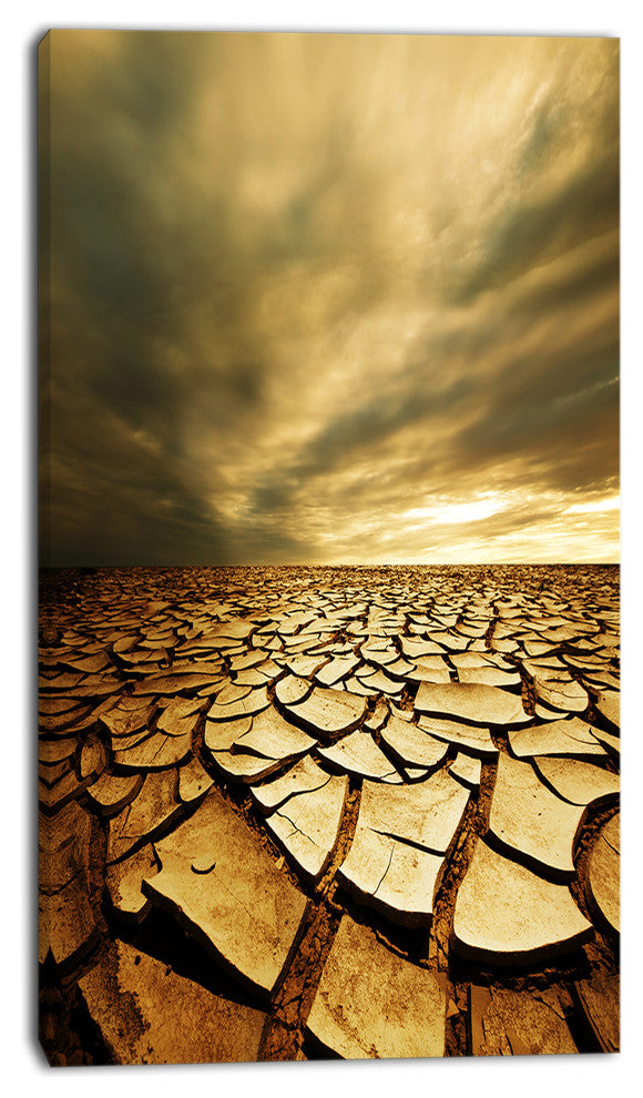 Broken Drought Land with Dark Clouds, African Landscape Canvas Print, 16"x32"