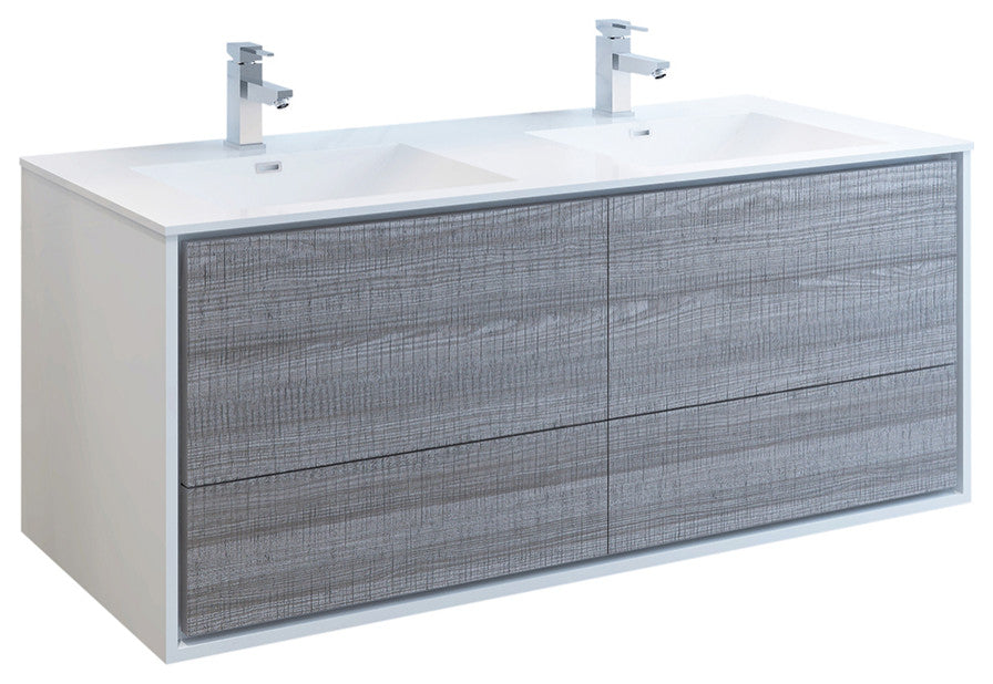 Fresca Catania 60" Gloss Ash Gray Wall Hung Cabinet With Integrated Double Sink
