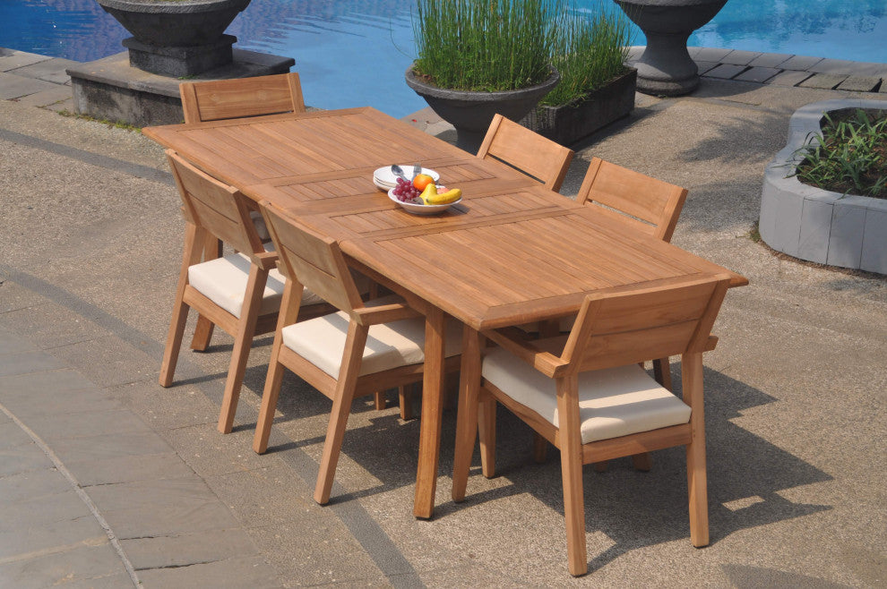 7-Piece Outdoor Teak Dining Set: 94" Rectangle Table, 6 Celo Stacking Arm Chairs