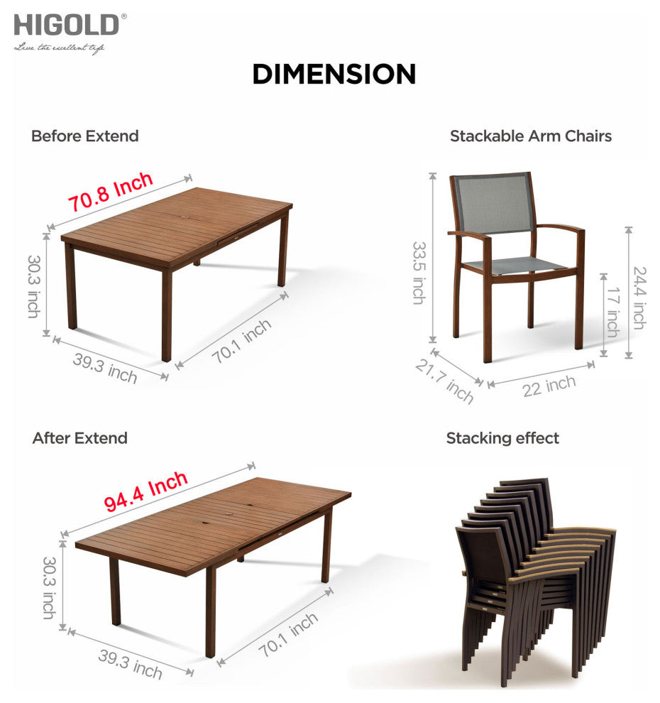 HIGOLD Carlo 8+1 Pieces Extendable Aluminum Outdoor Dining Set, Wood Color