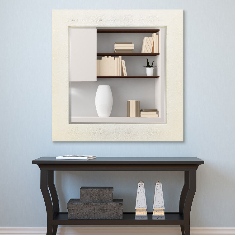 Beveled Wall Mirror,Gold on White Metallic Shagreen Leather Framed Square Mirror