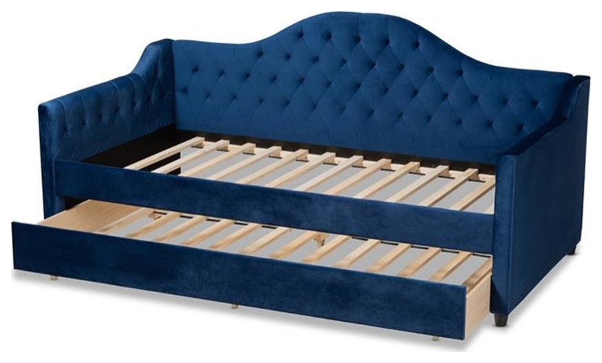 Perry Royal Blue Velvet and Button Tufted Twin Size Daybed With Trundle