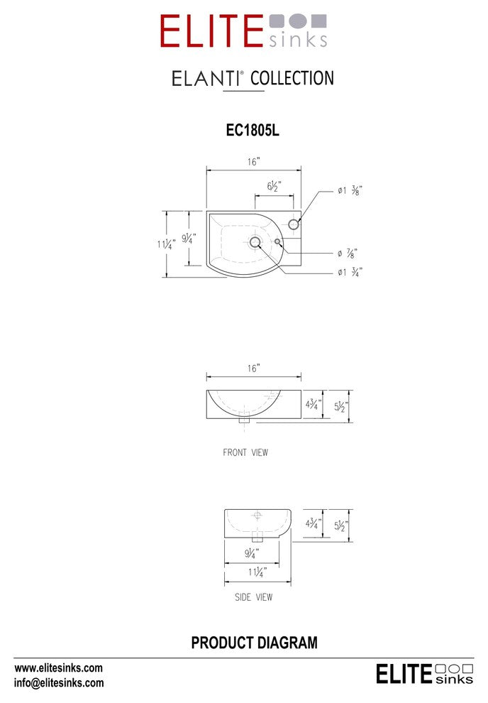 ELANTI EC1805-L Porcelain Wall-Mounted Sink, Left-Facing, White