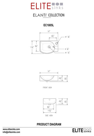 ELANTI EC1805-L Porcelain Wall-Mounted Sink, Left-Facing, White