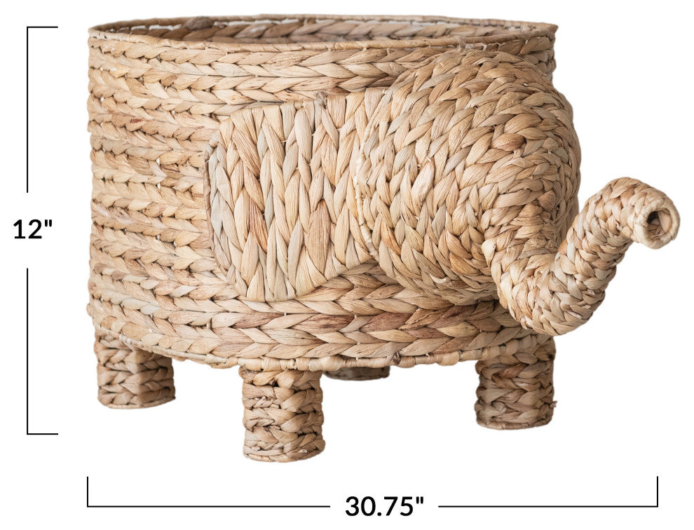 Hand-Woven Water Hyacinth Elephant Shaped Basket, Natural