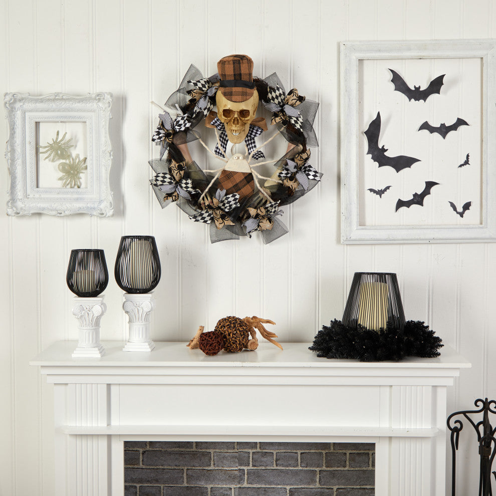 24" Halloween Skull, Plaid Mesh Wreath