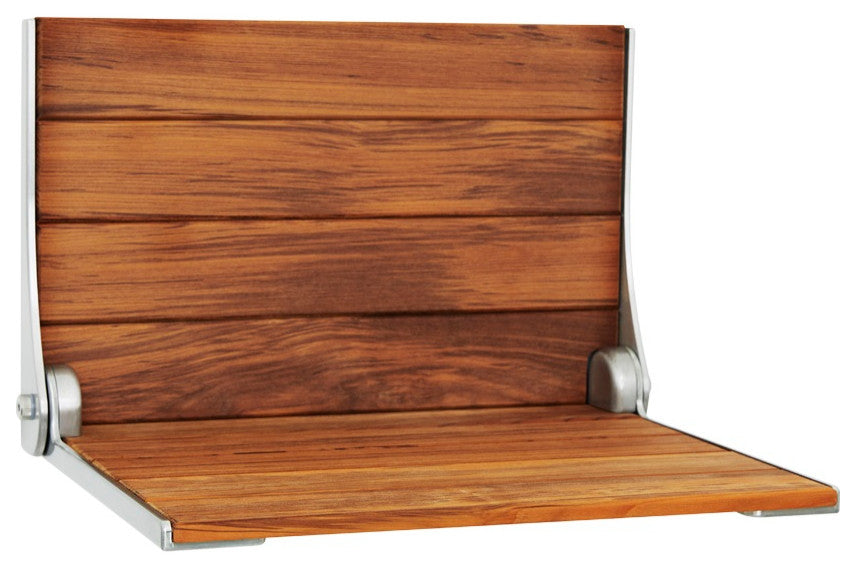 Silhouette Natural Teak Wood Folding Shower Bench Seat, Silver Frame