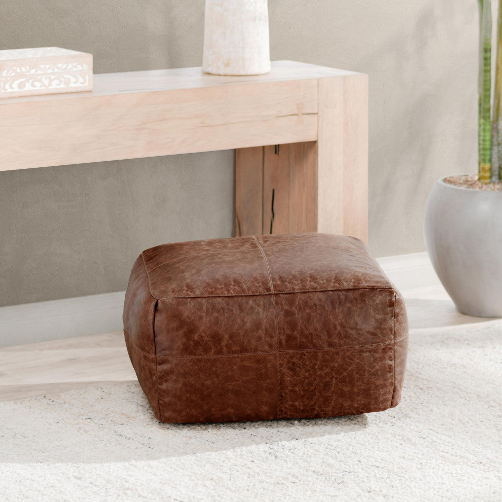Kona 24" Brown Leather Floor Cushion Pouf