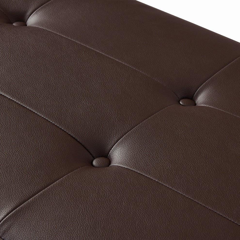 Dolores PU Leather Button Tufted Chrome Steel Square Leg Bench, Brown