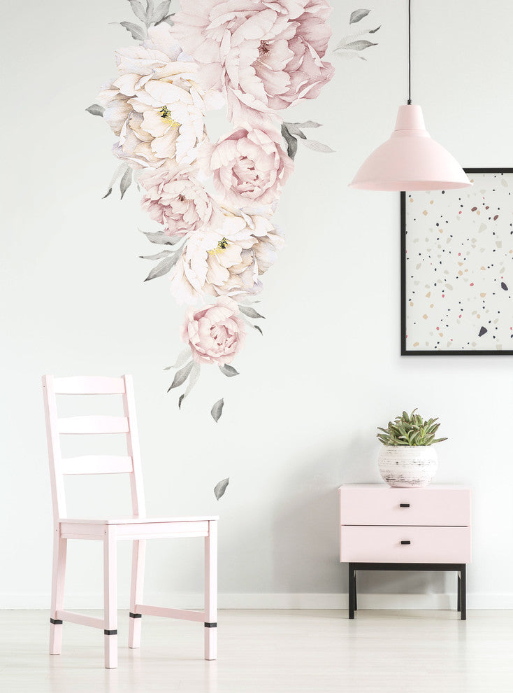 Peony Flowers Vinyl Wall Sticker, Grey Washed Pink