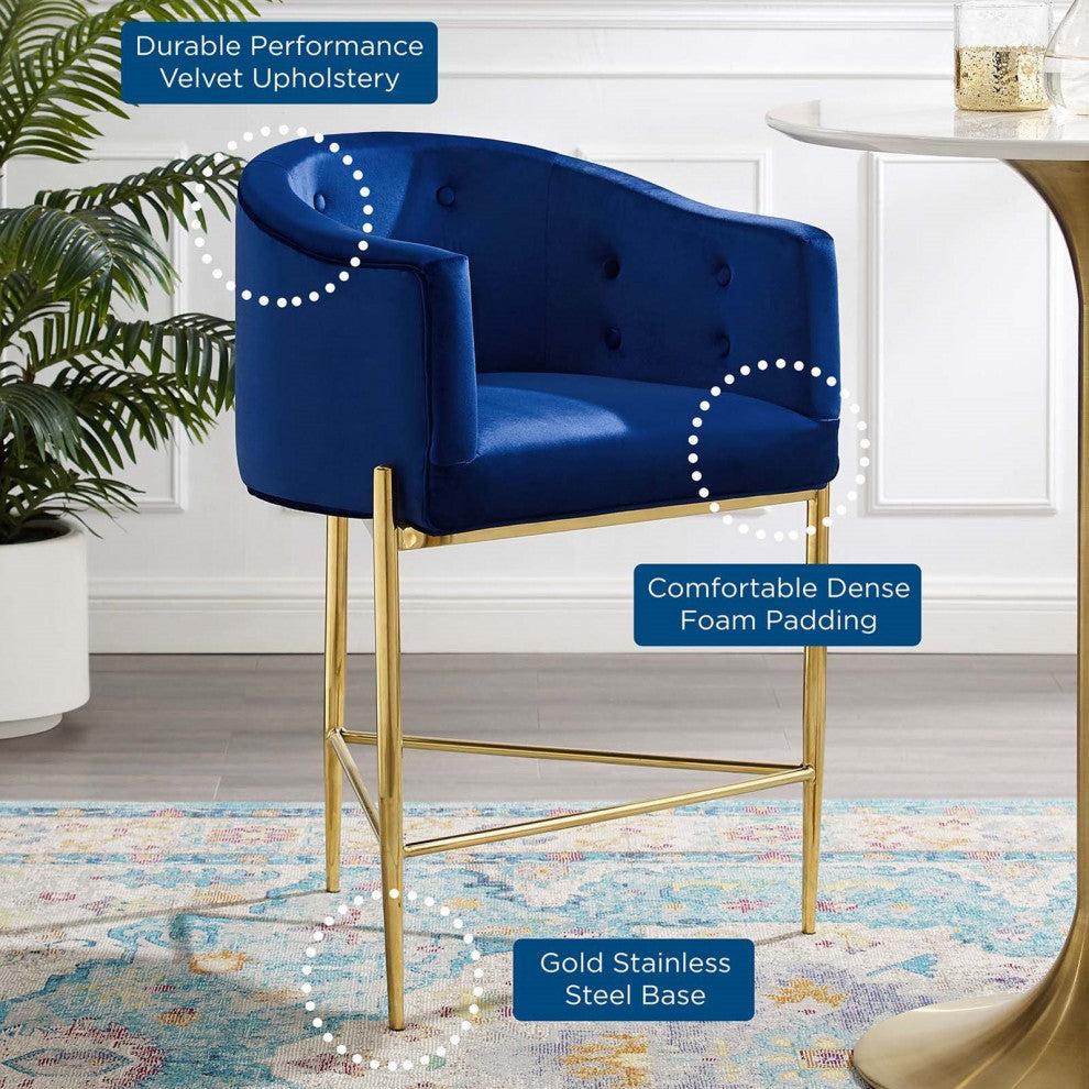 Tufted Counter Stool Chair, Set of 2, Velvet, Metal, Blue Navy, Modern, Bar Pub