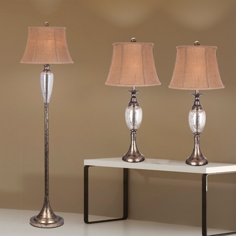 Fangio Lighting Gold Accented Metal and Silver Mercury Glass 3-Piece Lamp Set