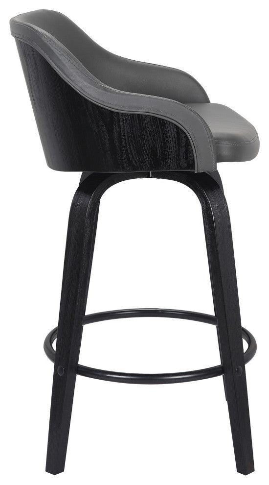26 Inch Wooden and Leatherette Swivel Barstool, Black and Gray