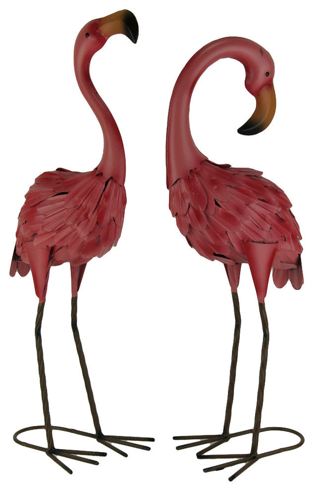 Set of 2 Decorative Metal Pink Flamingo Yard Statues